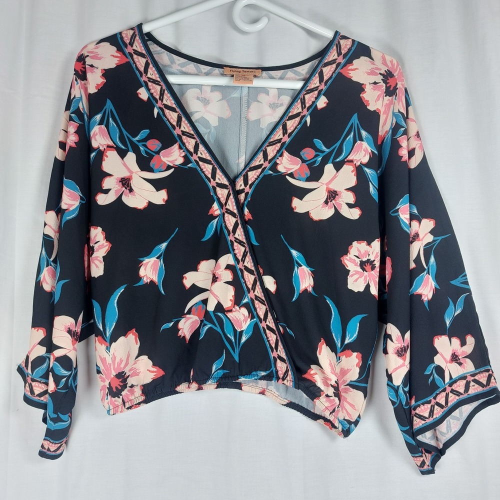 Flying Tomato Kimono Black Floral Wrap Style Elastic Waist Womens Blouse Size XS